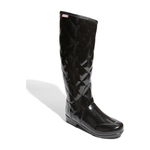 Hunter Regent Savoy Quilted Gloss Wellington Boots Black Waterproof Size 6 - Picture 1 of 12